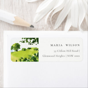 Rustic Green Watercolor Countryside Hills Address Label