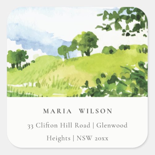 Rustic Green Watercolor Countryside Hills Address Square Sticker