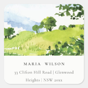 Rustic Green Watercolor Countryside Hills Address Square Sticker