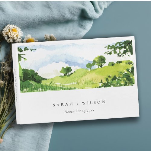 Rustic Green Watercolor Countryside Hills Wedding Guest Book