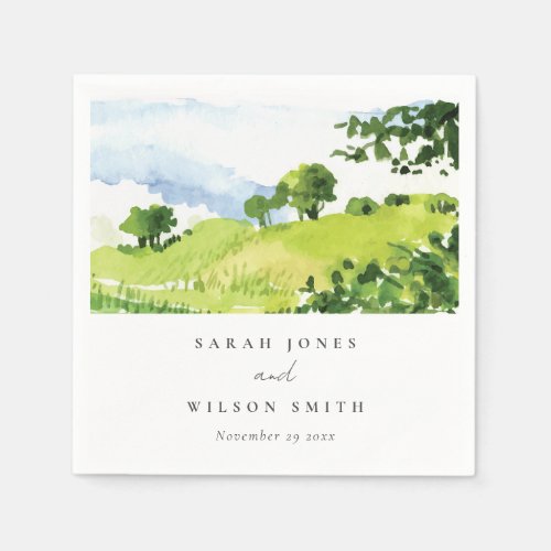 Rustic Green Watercolor Countryside Hills Wedding Napkins