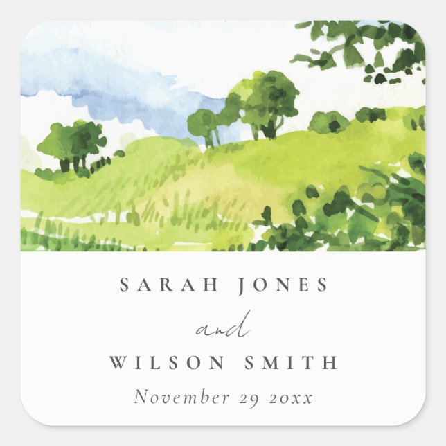 Rustic Green Watercolor Countryside Hills Wedding Square Sticker (Front)