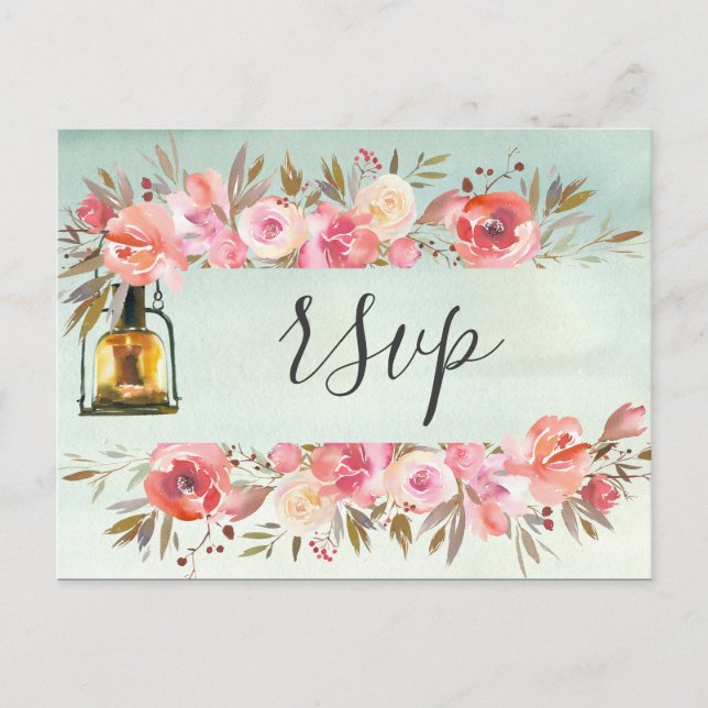 Rustic Green Watercolor Floral Lanterns Wedding Invitation Postcard (Front)