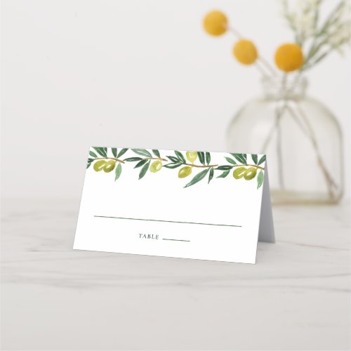 Rustic Green Watercolor Olives Garland Wedding Place Card