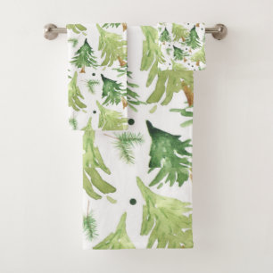 Rustic Green Watercolor Pine Trees Holiday Bath Towel Set