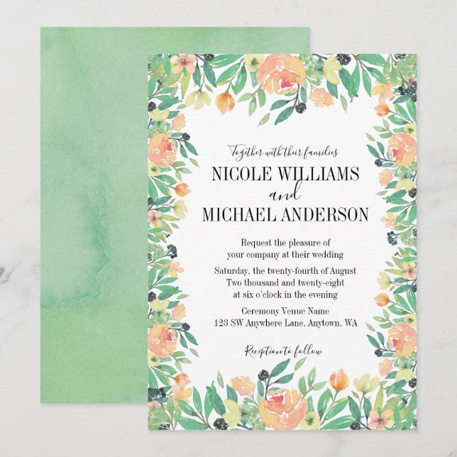 RUSTIC Green watercolor pink peony Flowers WEDDING Invitation (Front/Back)