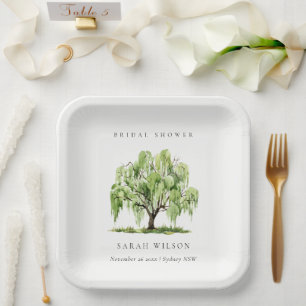 Rustic Green Watercolor Willow Tree Bridal Shower Paper Plates