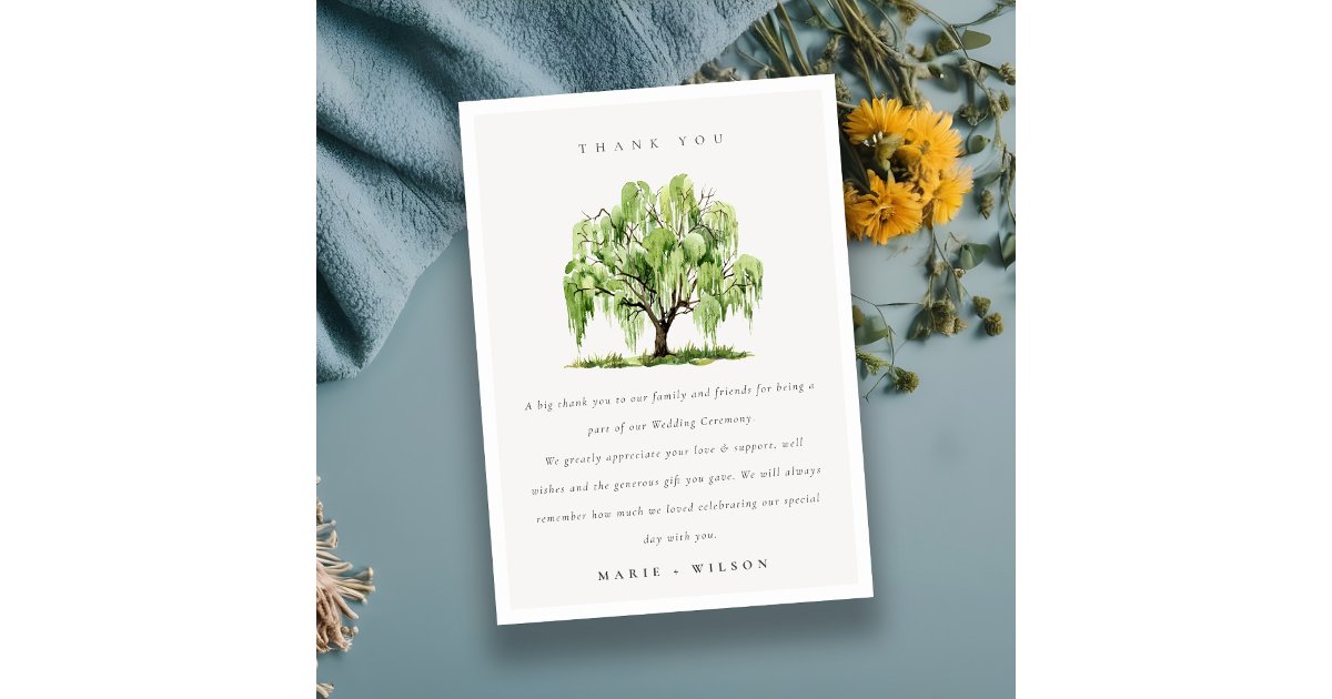Rustic Green Watercolor Willow Tree Farm Wedding Thank You Card | Zazzle
