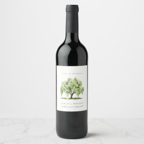 Rustic Green Watercolor Willow Tree Wedding Thanks Wine Label