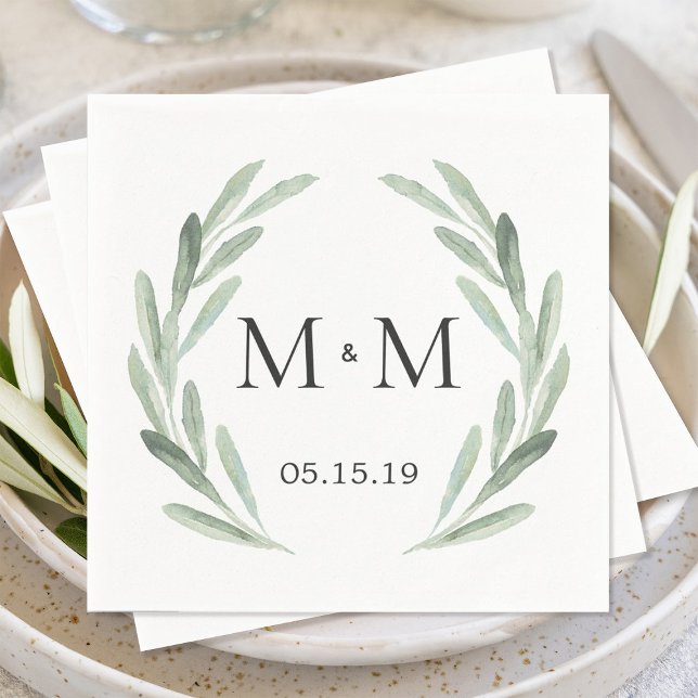 Rustic Green Watercolor Wreath Monogram Wedding Paper Napkins (Creator Uploaded)