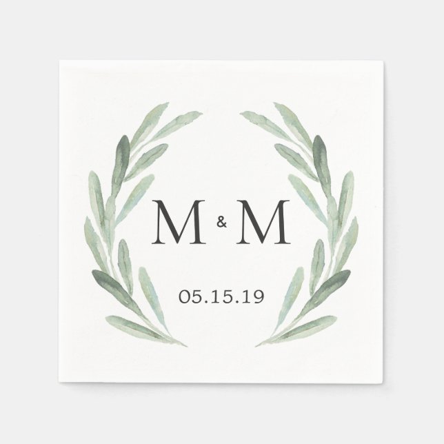 Rustic Green Watercolor Wreath Monogram Wedding Paper Napkins (Front)