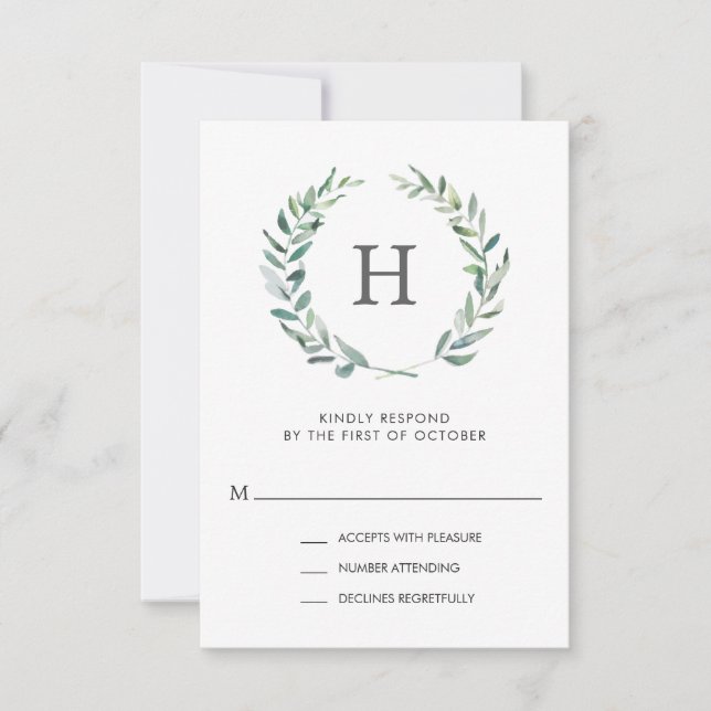 Rustic Green Watercolor Wreath Monogram Wedding RSVP Card (Front)