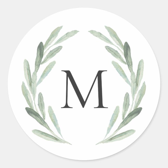 Rustic Green Watercolor Wreath Simple Monogram Classic Round Sticker (Front)