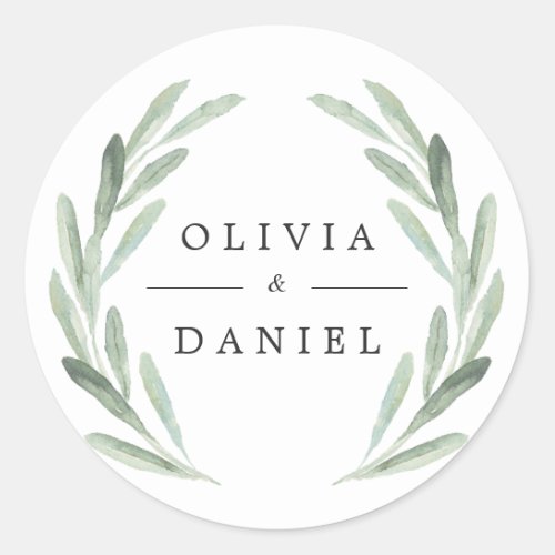 Rustic Green Watercolor Wreath Simple Wedding Classic Round Sticker