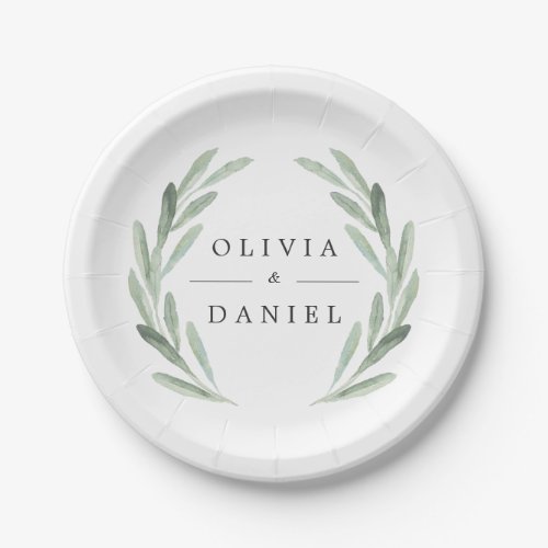 Rustic Green Watercolor Wreath Simple Wedding Paper Plates