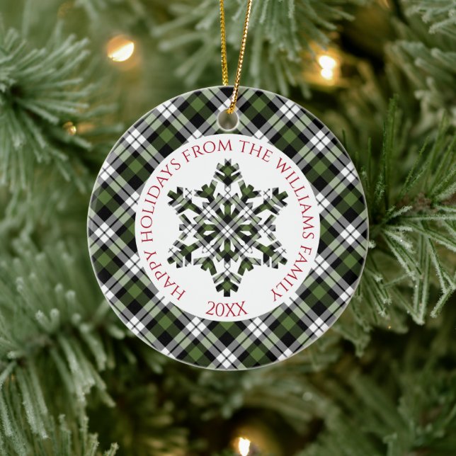 Rustic Green White Black Tartan Checks Snowflakes Ceramic Ornament (Tree)