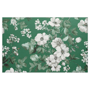Rustic Green White Botanical Bold Vintage Floral  Fabric