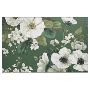 Rustic Green White Botanical Bold Vintage Floral  Fabric