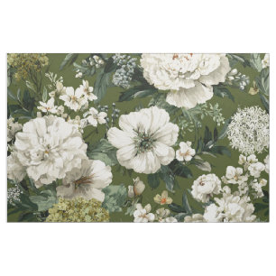 Rustic Green White Botanical Bold Vintage Floral  Fabric