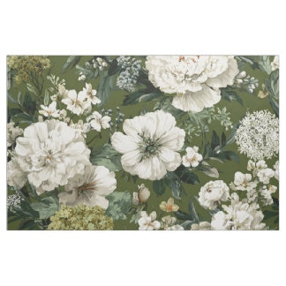 Rustic Green White Botanical Bold Vintage Floral Fabric