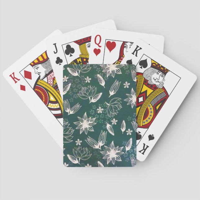 Rustic Green White Botanical Wildflowers Blossom Poker Cards (Back)
