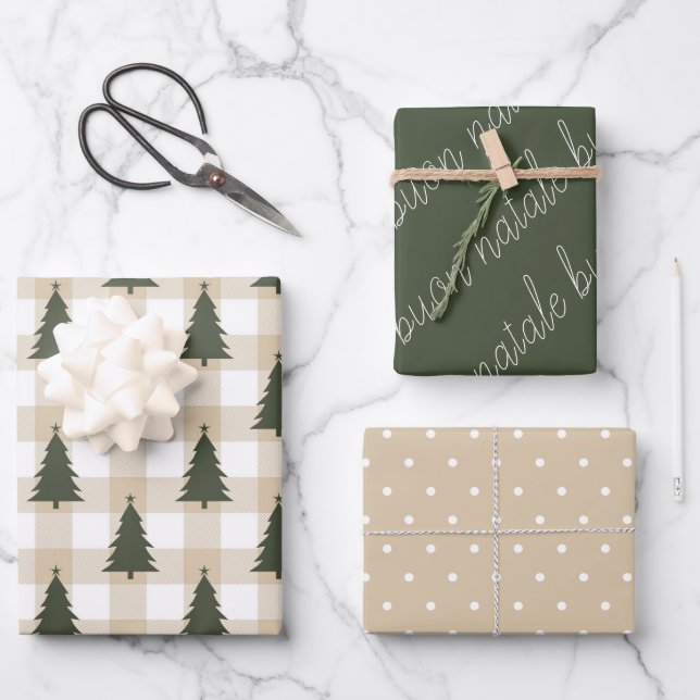 Rustic Green White Buon Natale Holiday Wrapping Paper Sheets (Front)