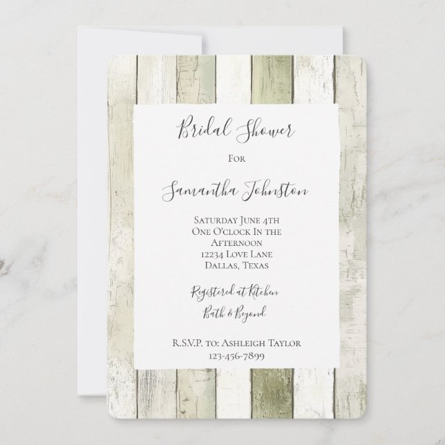 Rustic Green White Faux Wood Bridal Shower Invitation (Front)