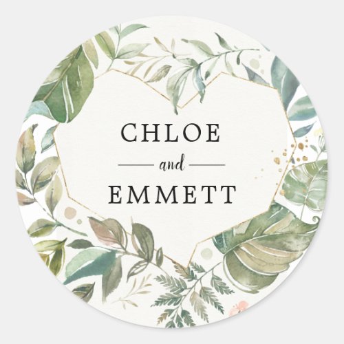 Rustic Green White Gold Botanical Heart Wedding Classic Round Sticker