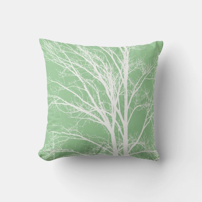 Rustic Green White Tree Branches Throw Pillow (Front)