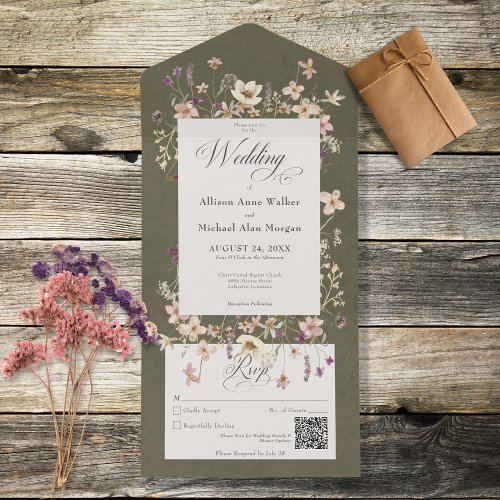 Rustic Green Wildflower Frame QR Code All In One Invitation