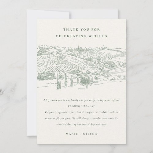 Rustic Green Winery Mountain Sketch Wedding Thank You Card