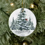 Rustic Green Winter Pine Trees Red Cardinal Bird  Ceramic Ornament<br><div class="desc">Rustic Green Winter Pine Trees Red Cardinal Bird Watercolor Holiday Christmas Ornament. Celebrate holidays with this simple and modern non-photo design festive, natural nature color style cards! Featuring a snowy day in a mountain with tall, soft green painted watercolor forest pine trees and a winter red bird on the tree....</div>