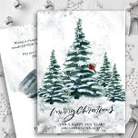 Rustic Green Winter Pine Trees Red Cardinal Bird  Holiday Card<br><div class="desc">Rustic Green Winter Pine Trees Red Cardinal Bird Watercolor Holiday Card. Send holiday greetings to your loved ones with this simple and modern non-photo design festive, natural nature color style cards! Featuring a snowy day in a mountain with tall, soft green painted watercolor forest pine trees and a winter red...</div>