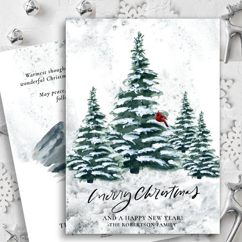 Rustic Green Winter Pine Trees Red Cardinal Bird  Holiday Card