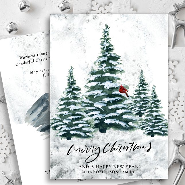 Rustic Green Winter Pine Trees Red Cardinal Bird  Holiday Card (Creator Uploaded)