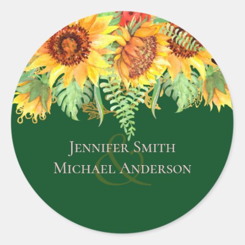 Rustic Green with Sunflowers Wedding Budget Classic Round Sticker