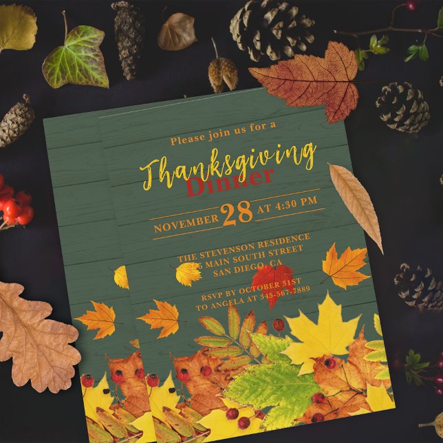 Rustic Green Wood Autumn Leaves Thanksgiving Invitation (Creator Uploaded)