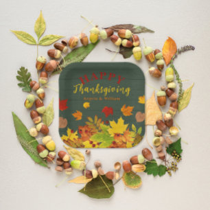 Rustic Green Wood Autumn Leaves Thanksgiving Paper Plates