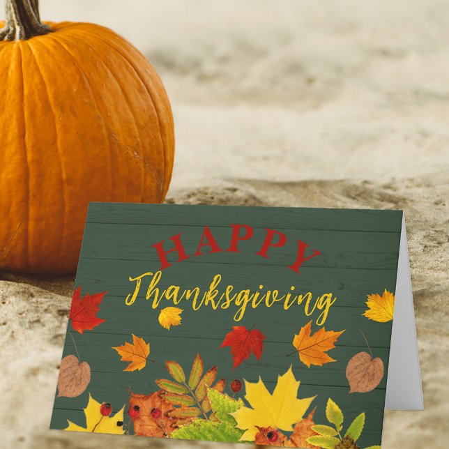 Rustic Green Wood Autumn Leaves Thanksgiving Thank You Card (Creator Uploaded)