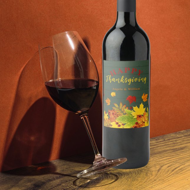 Rustic Green Wood Autumn Leaves Thanksgiving Wine Label (Creator Uploaded)