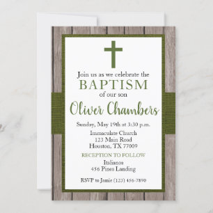 Rustic Green & Wood Boy Baptism Invitation