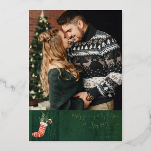 Rustic Green Wood  Christmas Stocking Note Photo Foil Invitation