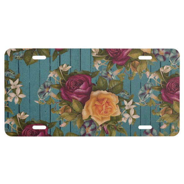 Rustic green wood coral burgundy roses floral license plate (Front)