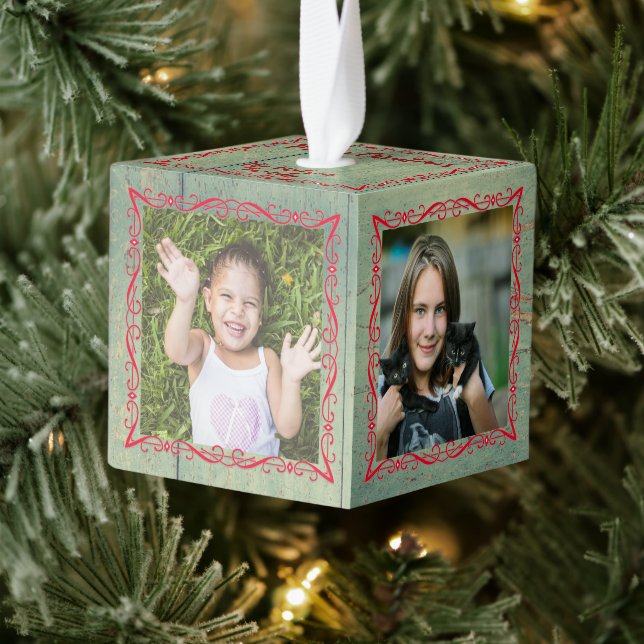 Rustic Green Wood Cube Photo Ornament (Tree)
