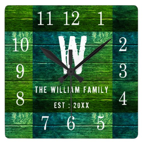 Rustic Green Wood Custom Monogram Family Name Square Wall Clock