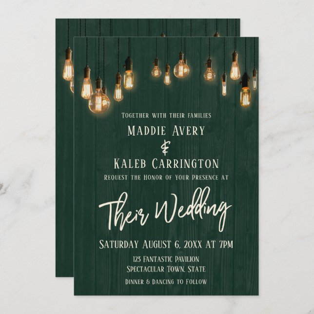 Rustic Green Wood Edison Lights Typography Wedding Invitation (Front/Back)