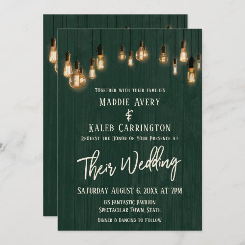Rustic Green Wood Edison Lights Typography Wedding Invitation