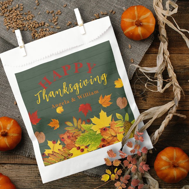 Rustic Green Wood Fall Leaves Thanksgiving Favor Bag (Creator Uploaded)
