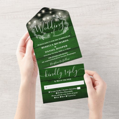 Rustic Green Wood Floral String Lights Wedding All In One Invitation