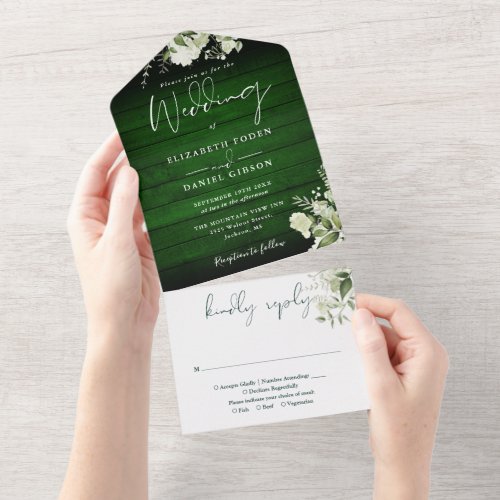 Rustic Green Wood Greenery Floral Wedding All In One Invitation